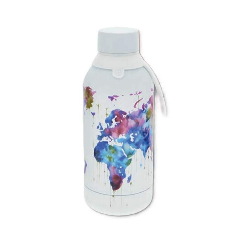 Borraccia termica bianca decorata con mappamondo in acciaio inox doppia parete da 500 ml